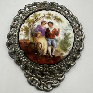 Antique Art Deco 1930s large pot metal hand painted portrait dress clip